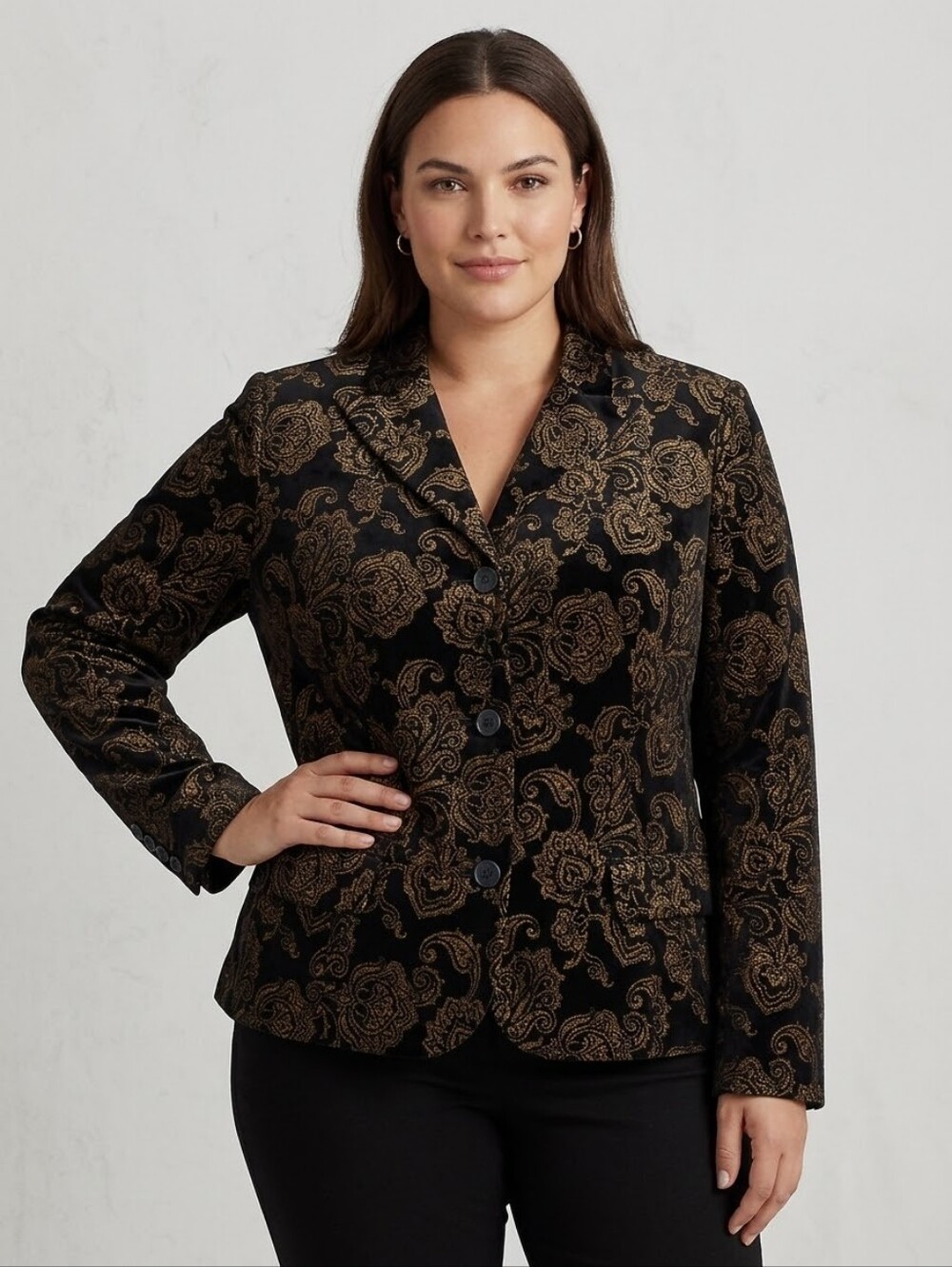 Lauren Ralph Lauren Black Gold Paisley Velvet Blazer Jacket Size 16